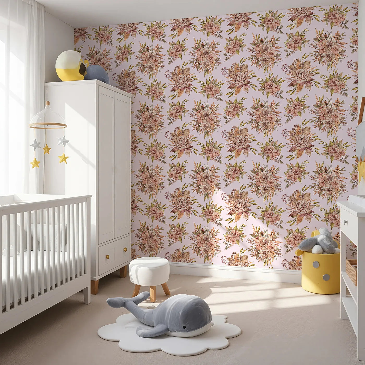 Angled view of Whimsy Tots' Autumn Bloom Harmony Wallpaper in Blush Pink (W3364B).Dusty rose florals bloom gently on a soft pink sky.