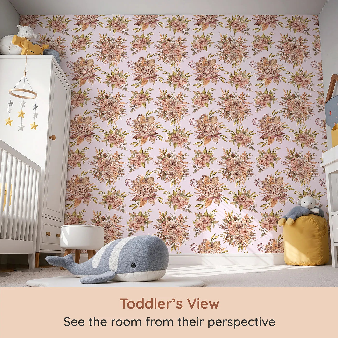 Whimsy Tots Autumn Bloom Harmony Wallpaper in Blush Pink (W3364B) from your child's view.Dusty rose florals bloom gently on a soft pink sky.
