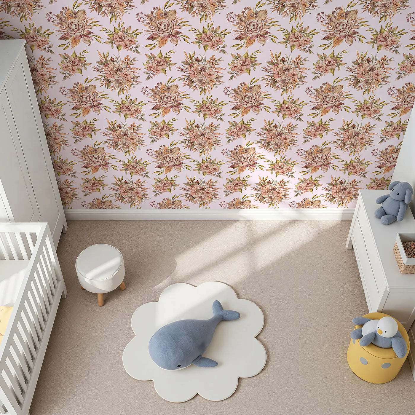 Top-Down view of Whimsy Tots' Autumn Bloom Harmony Wallpaper in Blush Pink (W3364B).Dusty rose florals bloom gently on a soft pink sky.