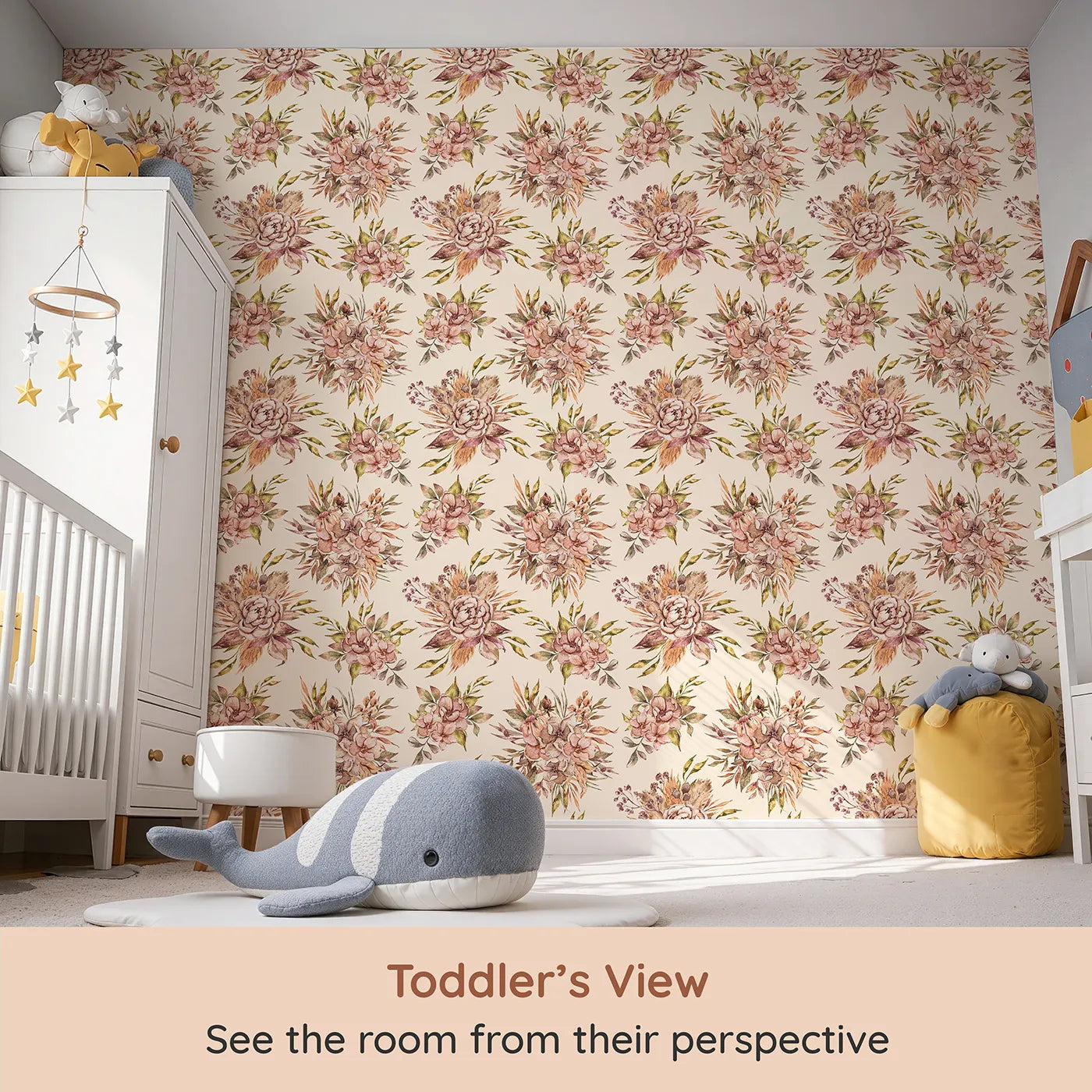Whimsy Tots Autumn Bloom Harmony Wallpaper in Cream (W3364C) from your child's view.Fall-hued blooms blossom across a gentle cream sky.