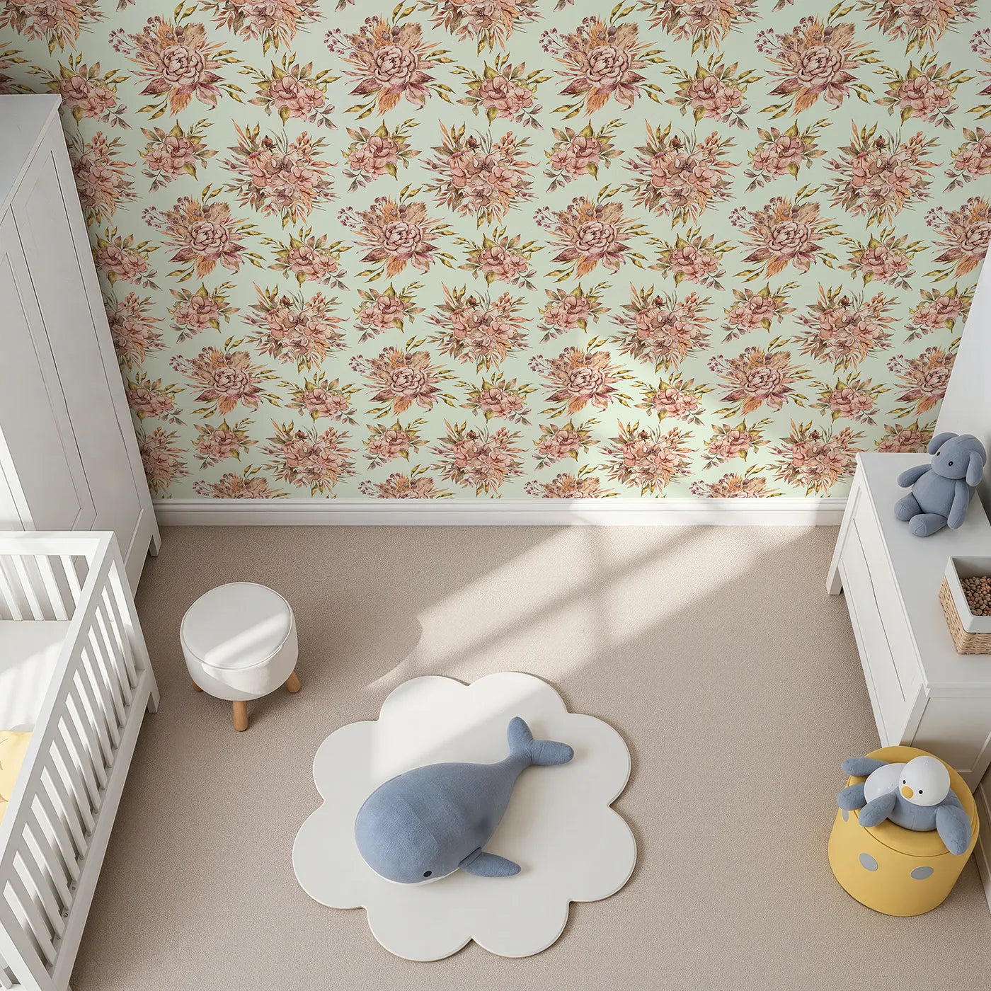 Top-Down view of Whimsy Tots' Autumn Bloom Harmony Wallpaper in Mint Green (W3364D).Warm watercolor blooms rest gently on a minty breeze.