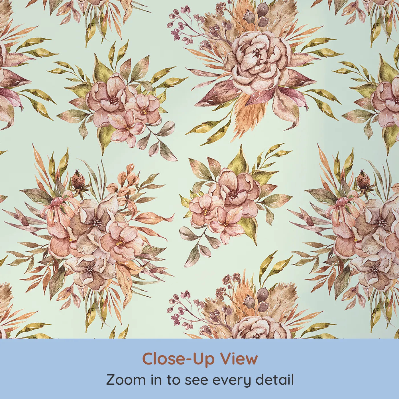 Close-up view of Whimsy Tots' Autumn Bloom Harmony Wallpaper in Mint Green (W3364D).Warm watercolor blooms rest gently on a minty breeze.