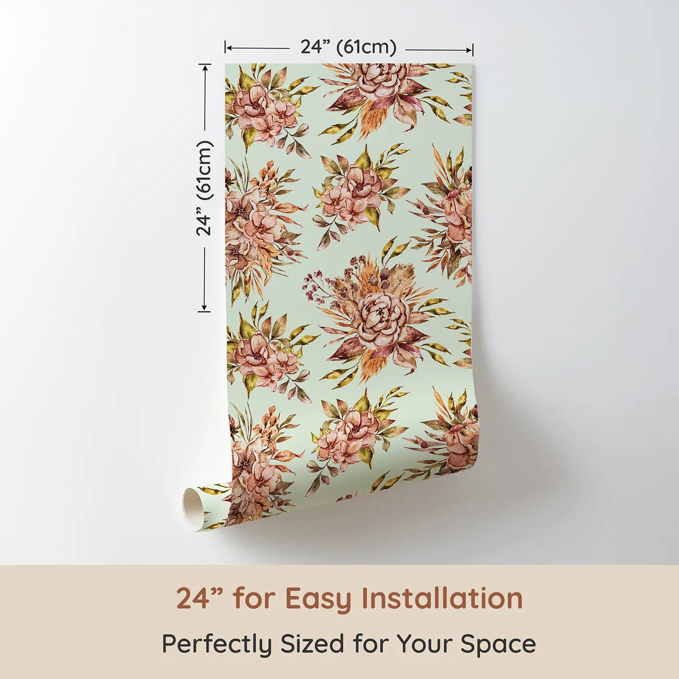 Dimension view of Whimsy Tots Autumn Bloom Harmony Wallpaper in Mint Green (W3364D). Printed in 24-inch-wide panel for easy installation. Warm watercolor blooms rest gently on a minty breeze.