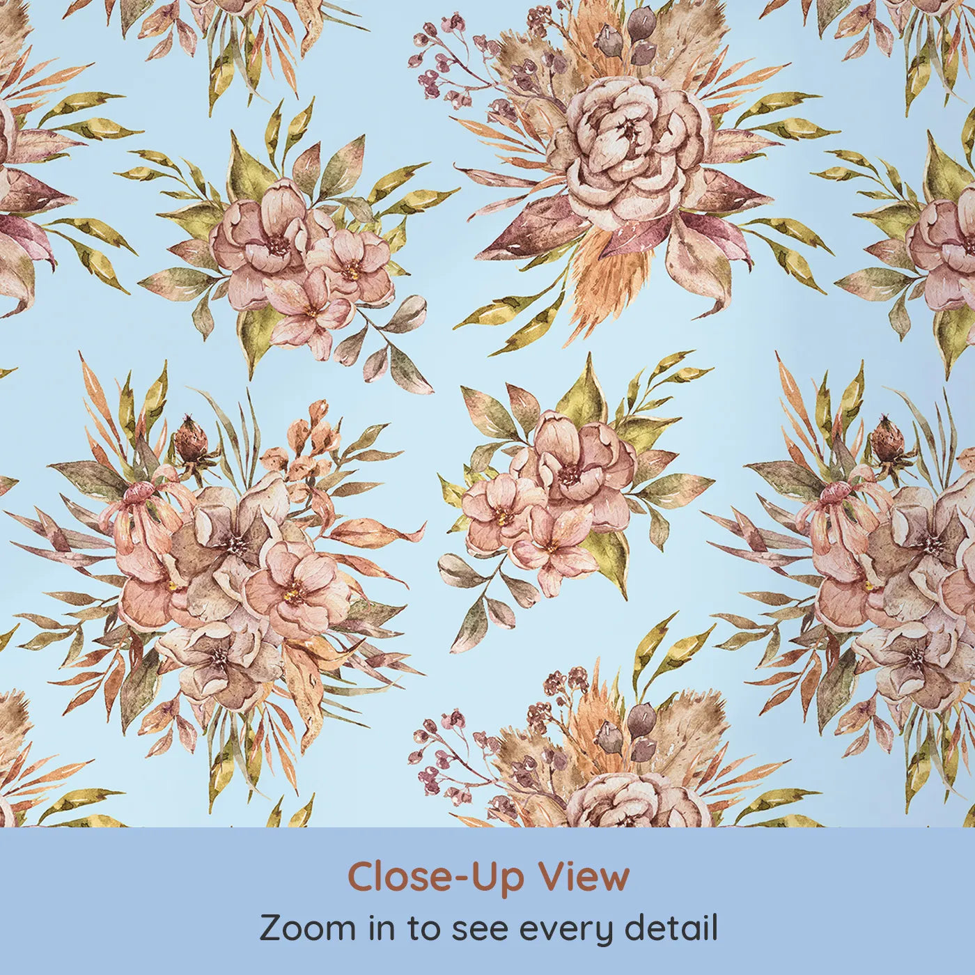 Close-up view of Whimsy Tots' Autumn Bloom Harmony Wallpaper in Sky (W3364E).Watercolor blooms float softly across pale blue skies.