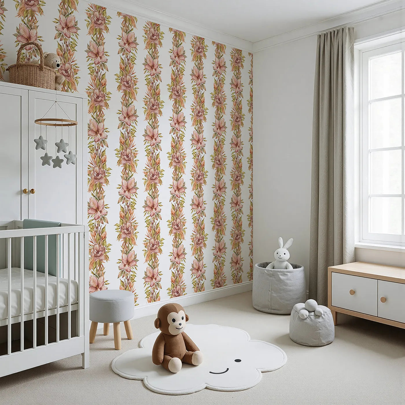 Angled view of Whimsy Tots' Vintage Garden Climb Wallpaper in White (W3365A).Soft florals rise gently like vines on a crisp white sky.