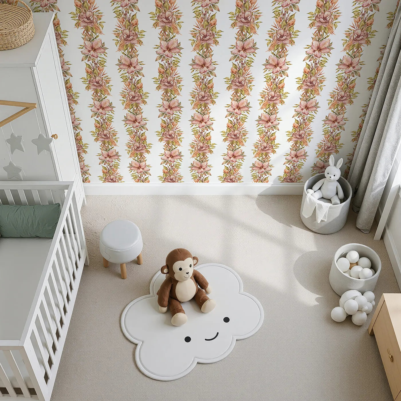 Top-Down view of Whimsy Tots' Vintage Garden Climb Wallpaper in White (W3365A).Soft florals rise gently like vines on a crisp white sky.