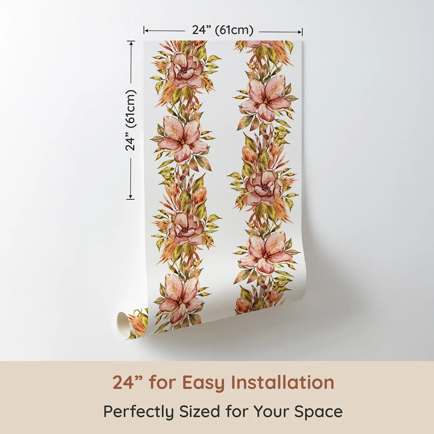 Dimension view of Whimsy Tots Vintage Garden Climb Wallpaper in White (W3365A). Printed in 24-inch-wide panel for easy installation. Soft florals rise gently like vines on a crisp white sky.