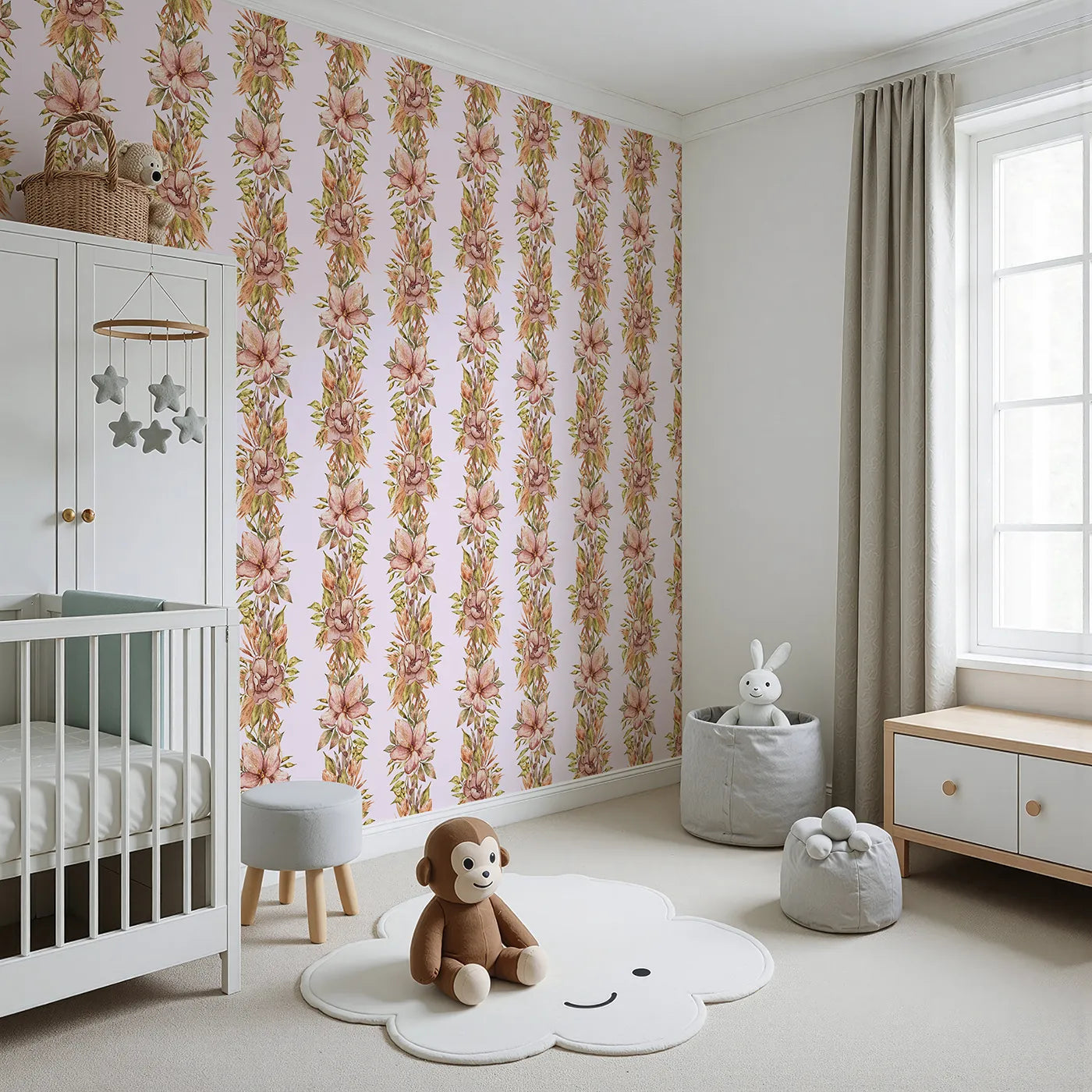 Angled view of Whimsy Tots' Vintage Garden Climb Wallpaper in Blush Pink (W3365B).Watercolor florals rise like vines across a soft blush sky.