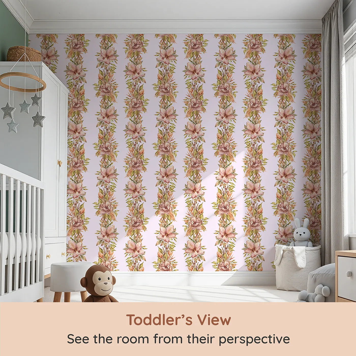Whimsy Tots Vintage Garden Climb Wallpaper in Blush Pink (W3365B) from your child's view.Watercolor florals rise like vines across a soft blush sky.