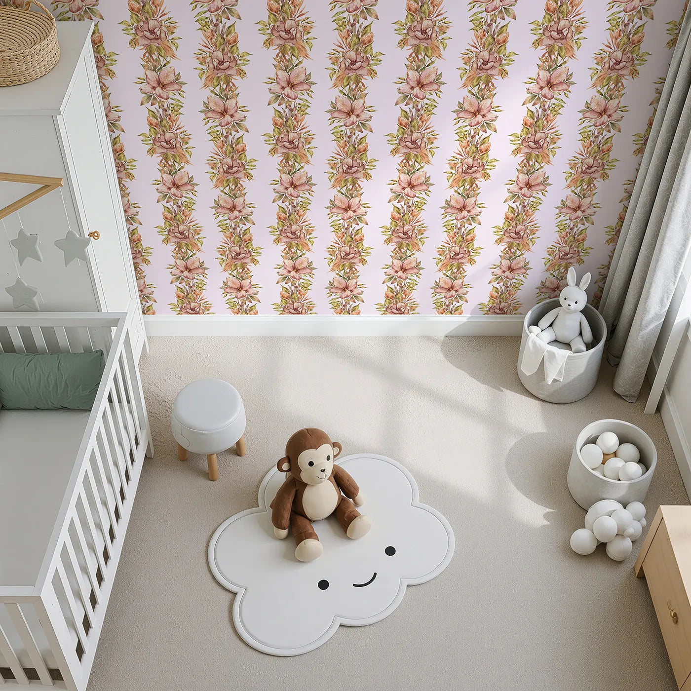 Top-Down view of Whimsy Tots' Vintage Garden Climb Wallpaper in Blush Pink (W3365B).Watercolor florals rise like vines across a soft blush sky.