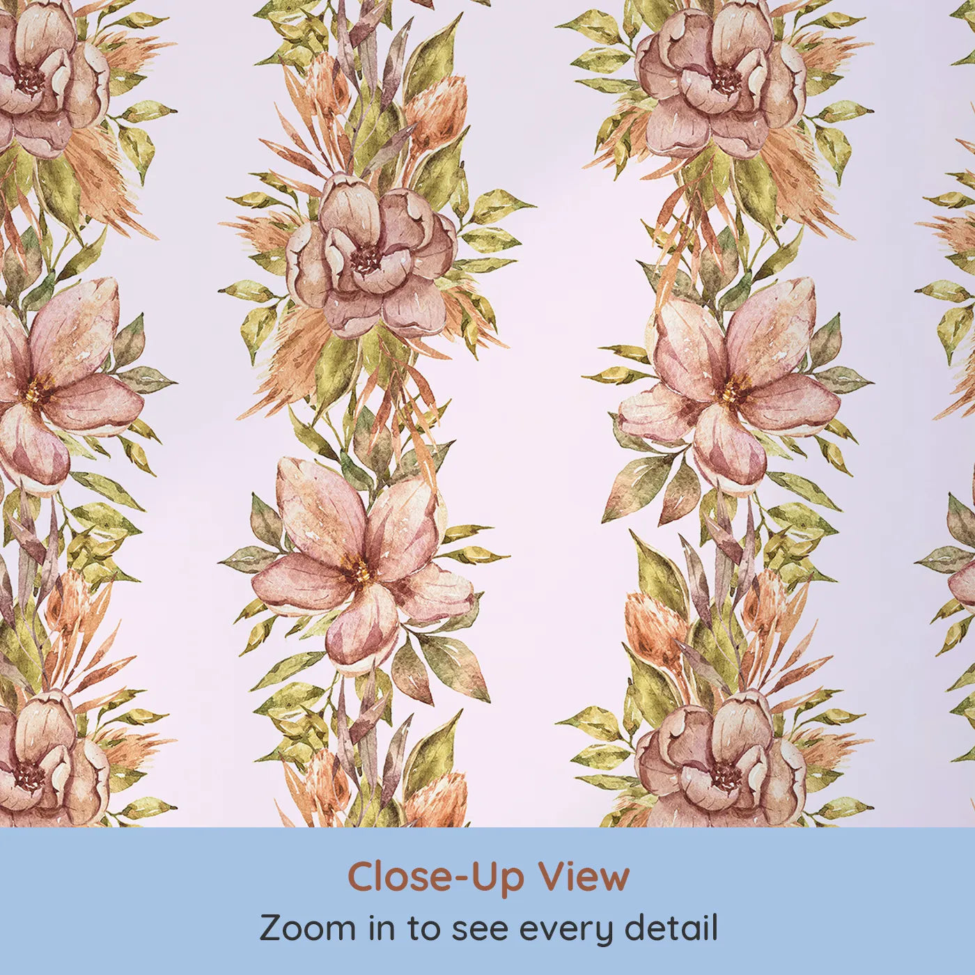 Close-up view of Whimsy Tots' Vintage Garden Climb Wallpaper in Blush Pink (W3365B).Watercolor florals rise like vines across a soft blush sky.