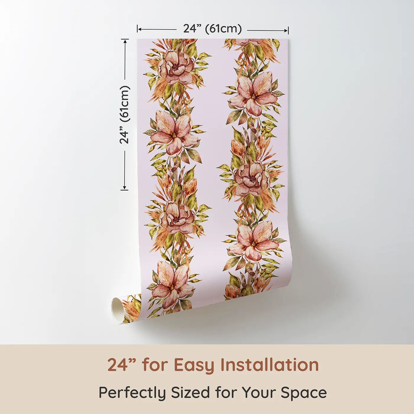 Dimension view of Whimsy Tots Vintage Garden Climb Wallpaper in Blush Pink (W3365B). Printed in 24-inch-wide panel for easy installation. Watercolor florals rise like vines across a soft blush sky.