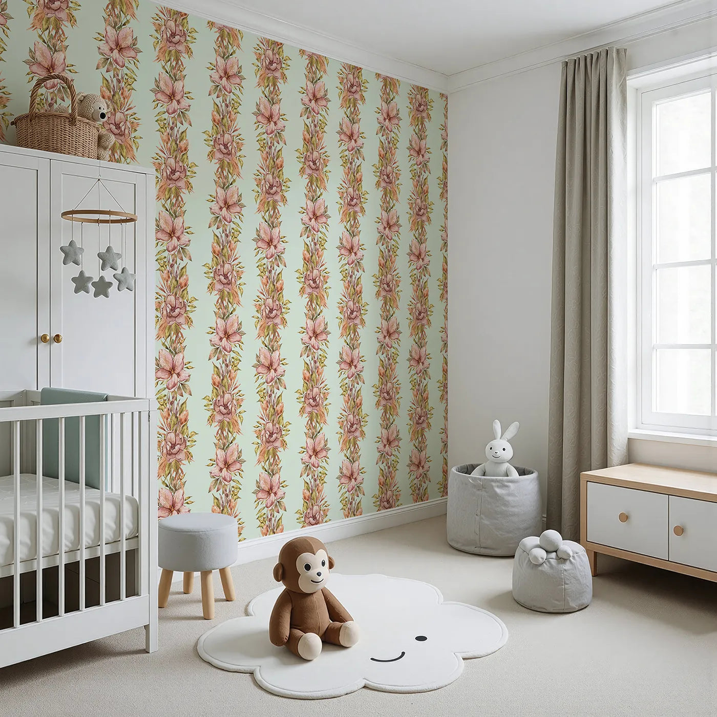 Angled view of Whimsy Tots' Vintage Garden Climb Wallpaper in Sage Green (W3365D).Watercolor florals trail upward on a calm sage sky.