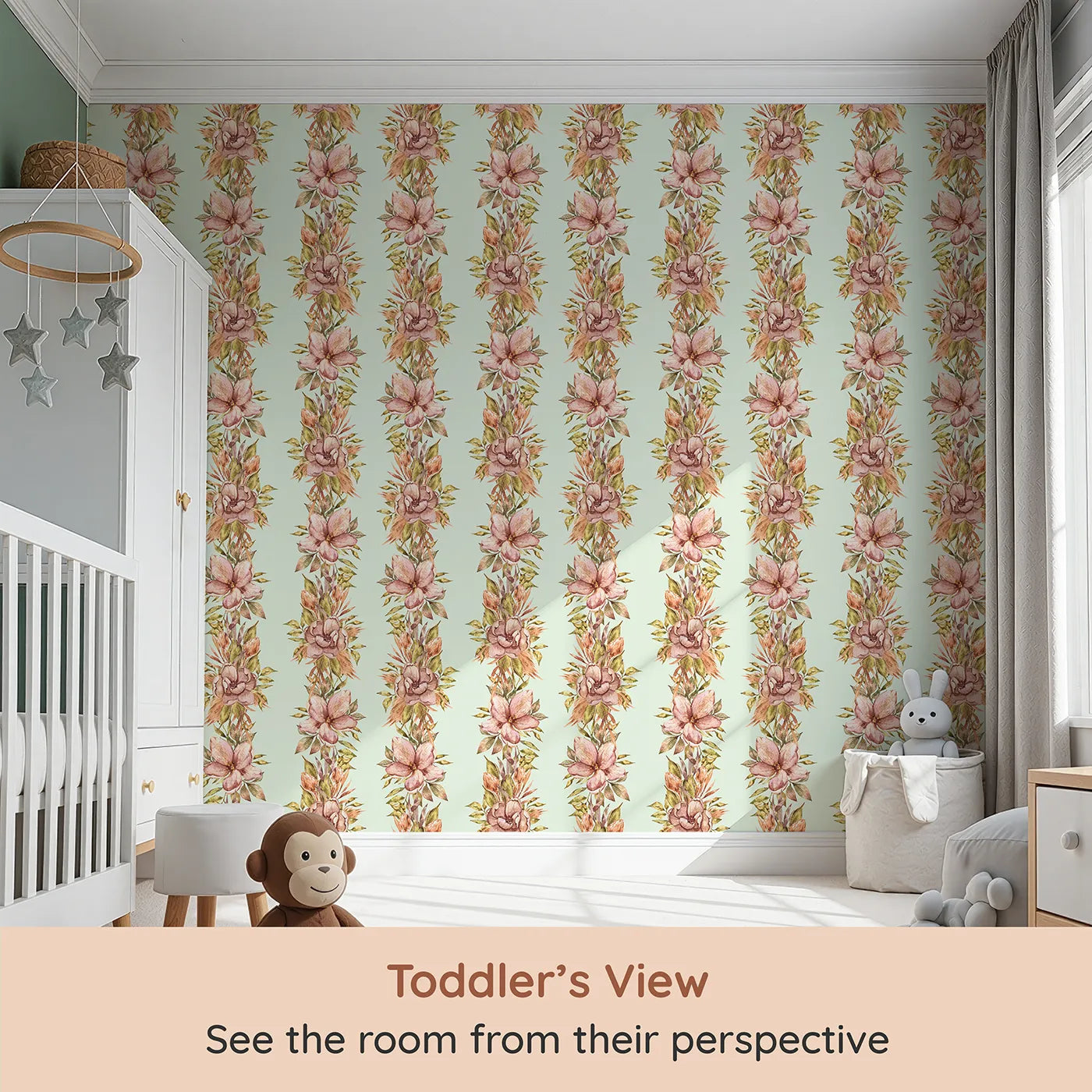 Whimsy Tots Vintage Garden Climb Wallpaper in Sage Green (W3365D) from your child's view.Watercolor florals trail upward on a calm sage sky.
