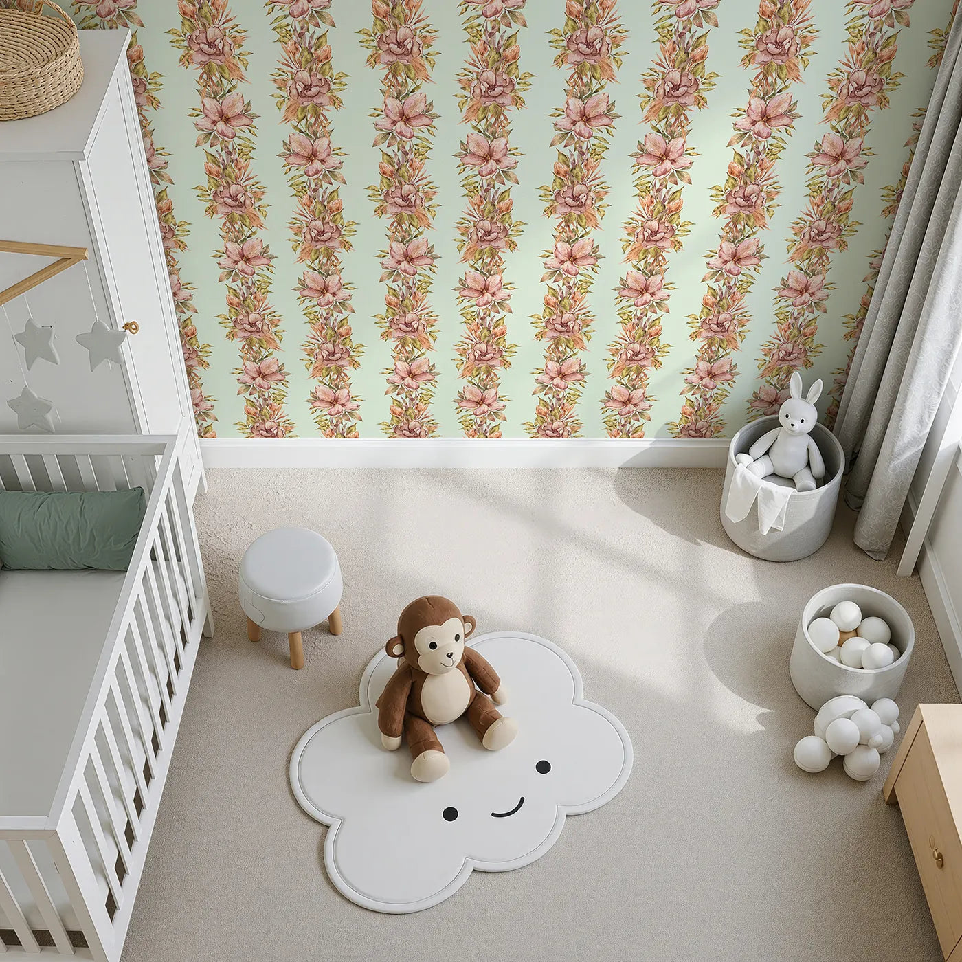 Top-Down view of Whimsy Tots' Vintage Garden Climb Wallpaper in Sage Green (W3365D).Watercolor florals trail upward on a calm sage sky.