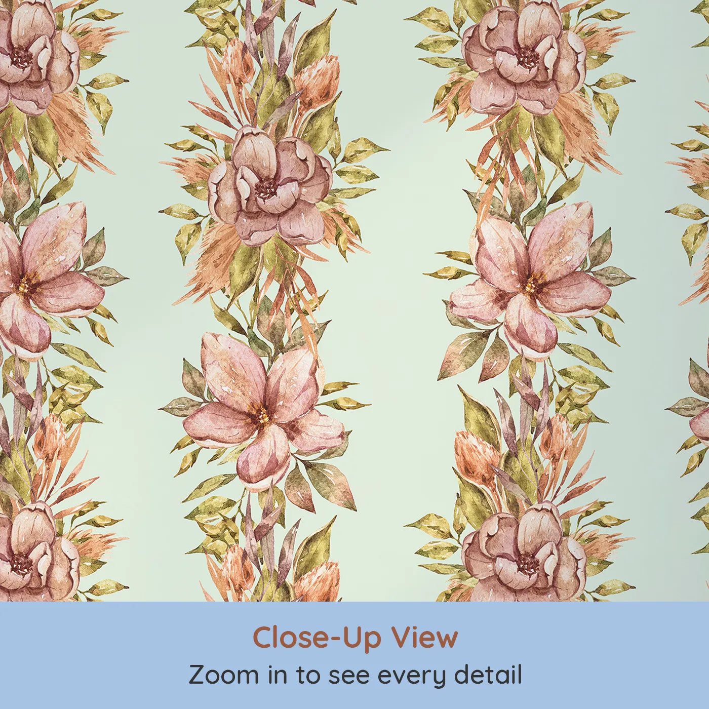 Close-up view of Whimsy Tots' Vintage Garden Climb Wallpaper in Sage Green (W3365D).Watercolor florals trail upward on a calm sage sky.