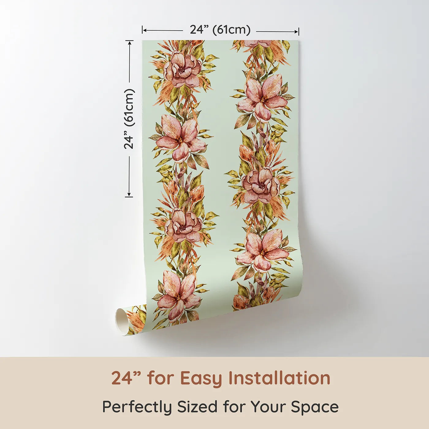 Dimension view of Whimsy Tots Vintage Garden Climb Wallpaper in Sage Green (W3365D). Printed in 24-inch-wide panel for easy installation. Watercolor florals trail upward on a calm sage sky.