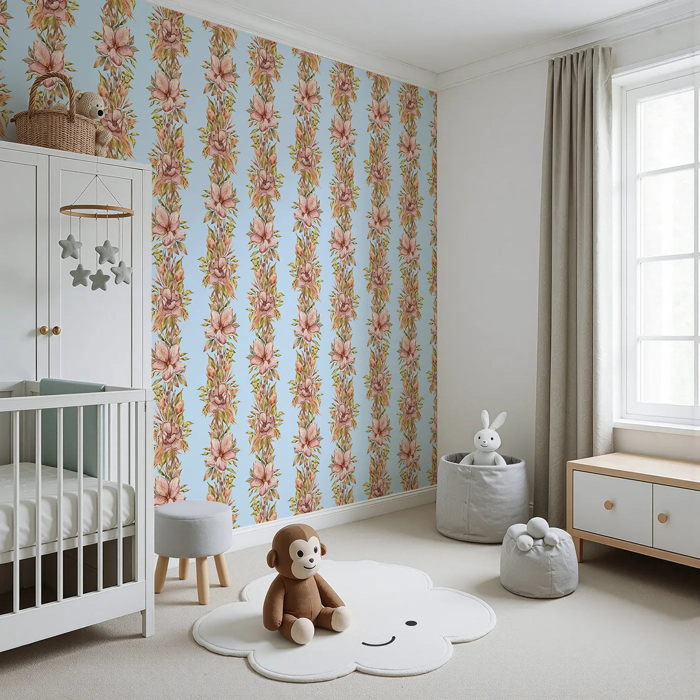 Angled view of Whimsy Tots' Vintage Garden Climb Wallpaper in Blue (W3365E).Blush florals rise gently on a peaceful sky blue backdrop.