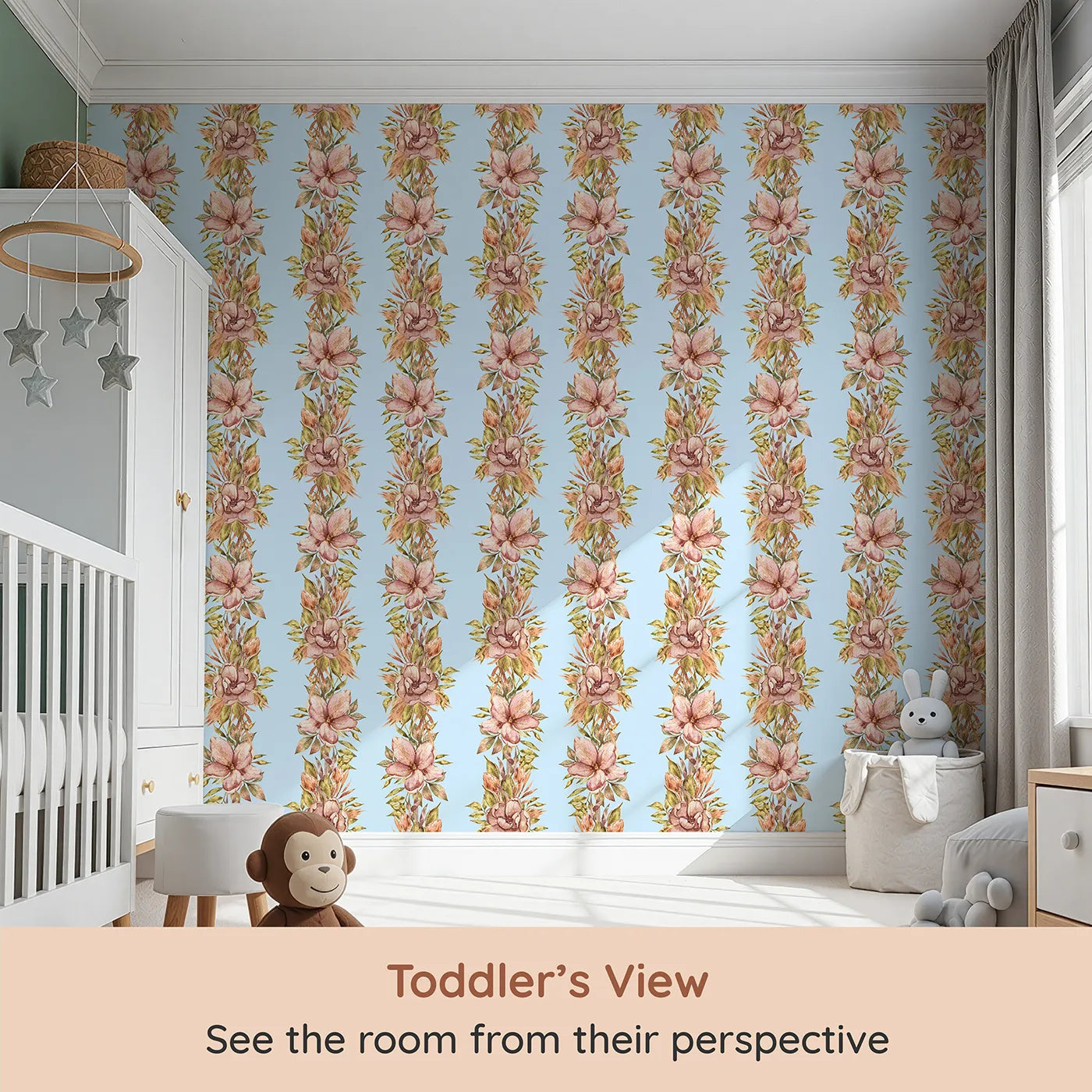 Whimsy Tots Vintage Garden Climb Wallpaper in Blue (W3365E) from your child's view.Blush florals rise gently on a peaceful sky blue backdrop.