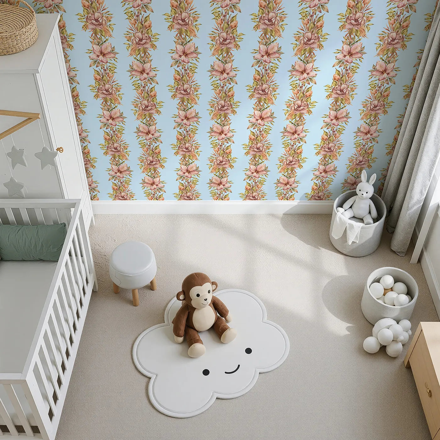 Top-Down view of Whimsy Tots' Vintage Garden Climb Wallpaper in Blue (W3365E).Blush florals rise gently on a peaceful sky blue backdrop.