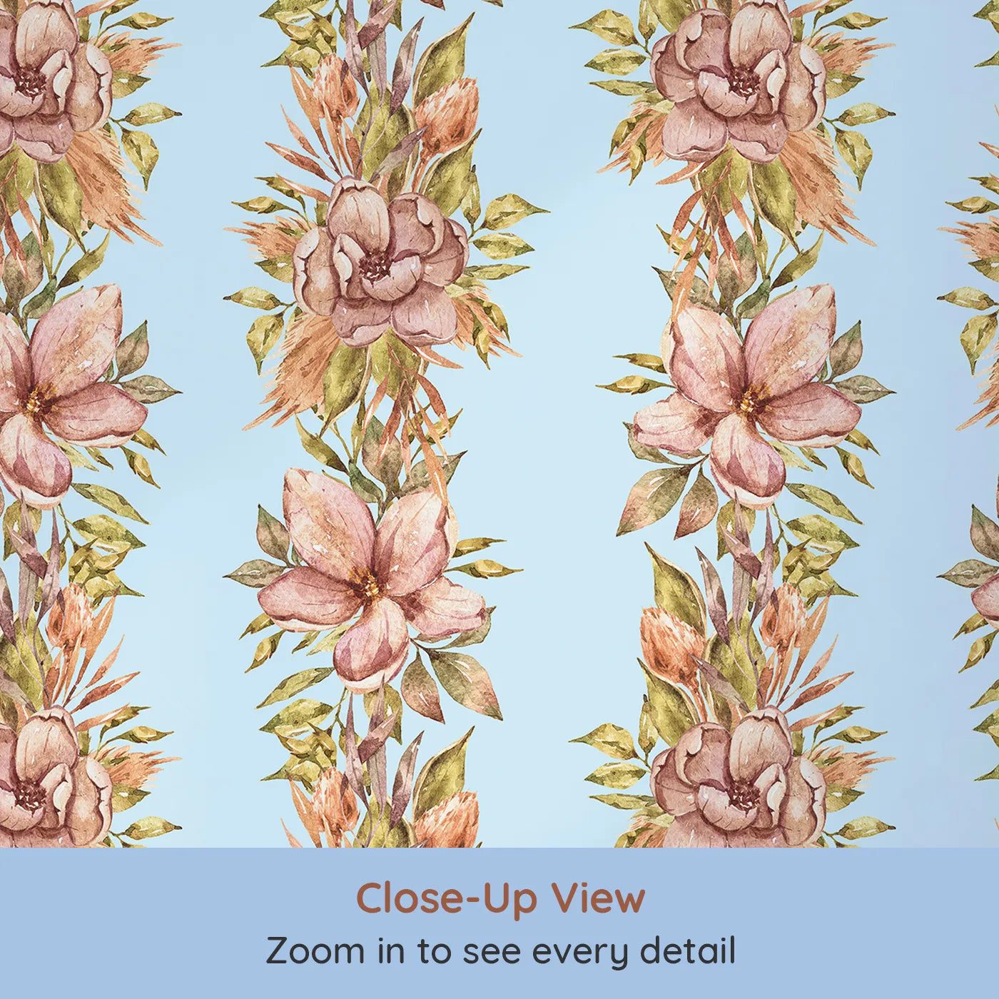 Close-up view of Whimsy Tots' Vintage Garden Climb Wallpaper in Blue (W3365E).Blush florals rise gently on a peaceful sky blue backdrop.