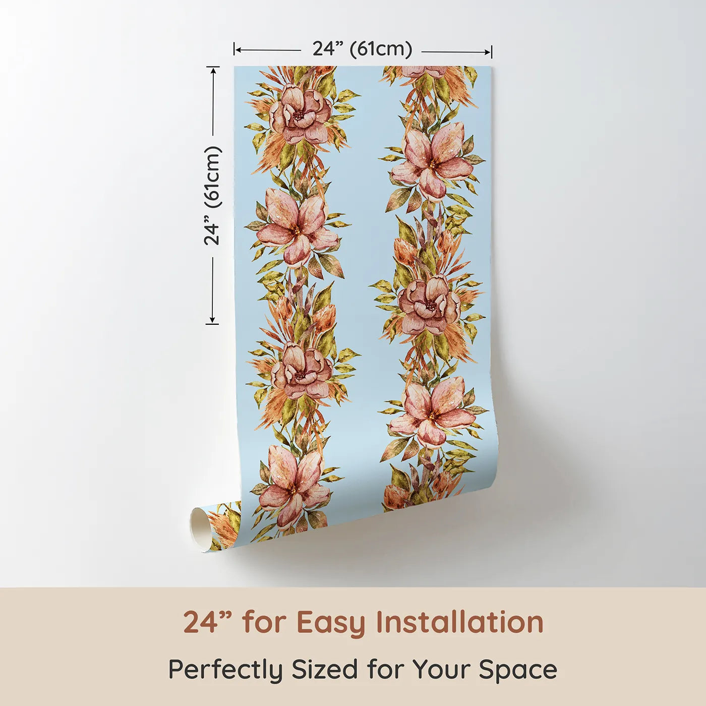 Dimension view of Whimsy Tots Vintage Garden Climb Wallpaper in Blue (W3365E). Printed in 24-inch-wide panel for easy installation. Blush florals rise gently on a peaceful sky blue backdrop.