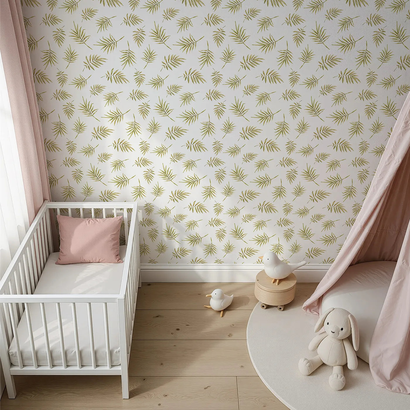 Top-Down view of Whimsy Tots' Gentle Palm Scatter Wallpaper in White (W3366A).Olive-green palm leaves drift across crisp white skies.