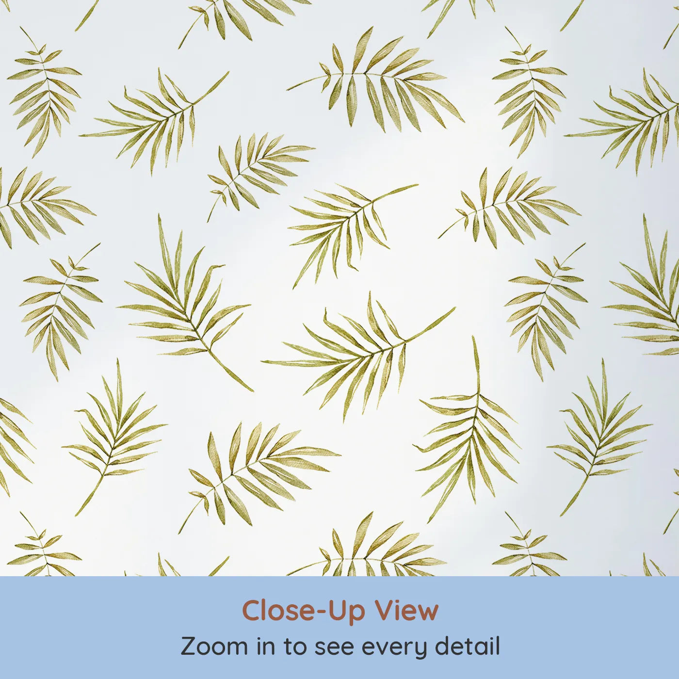 Close-up view of Whimsy Tots' Gentle Palm Scatter Wallpaper in White (W3366A).Olive-green palm leaves drift across crisp white skies.