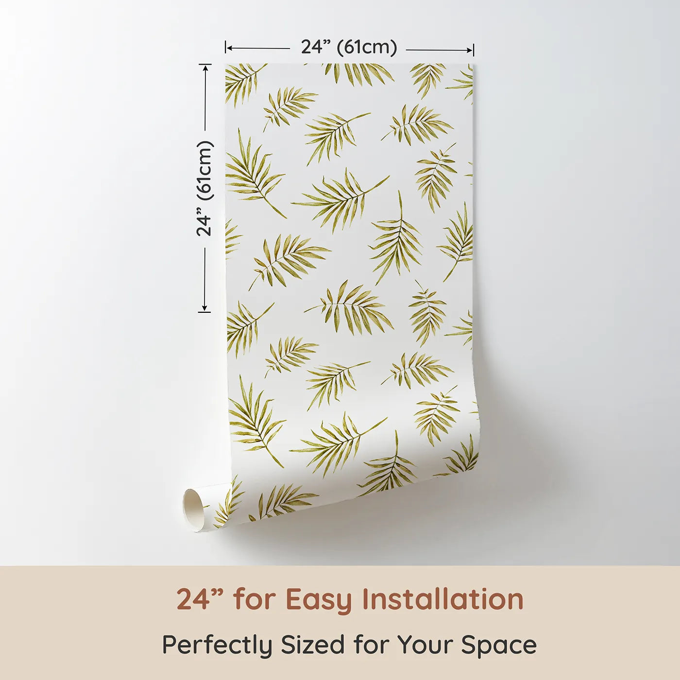 Dimension view of Whimsy Tots Gentle Palm Scatter Wallpaper in White (W3366A). Printed in 24-inch-wide panel for easy installation. Olive-green palm leaves drift across crisp white skies.
