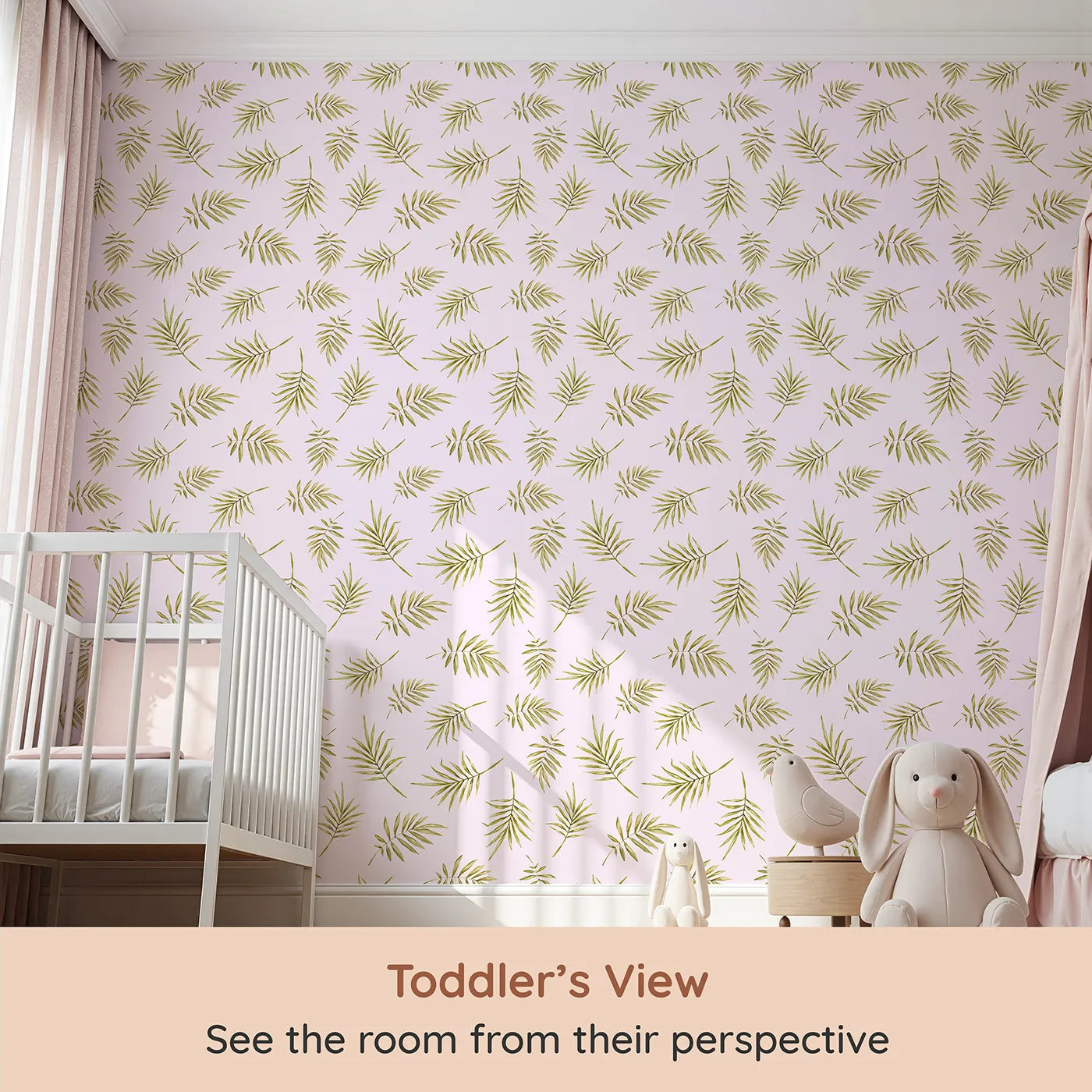 Whimsy Tots Gentle Palm Scatter Wallpaper in Blush Pink (W3366B) from your child's view.Olive-green palms drift softly across a gentle blush sky.