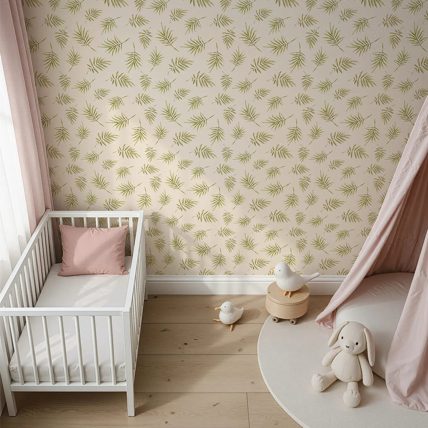 Top-Down view of Whimsy Tots' Gentle Palm Scatter Wallpaper in Cream (W3366C).Olive palm fronds flutter across a soft cream background.