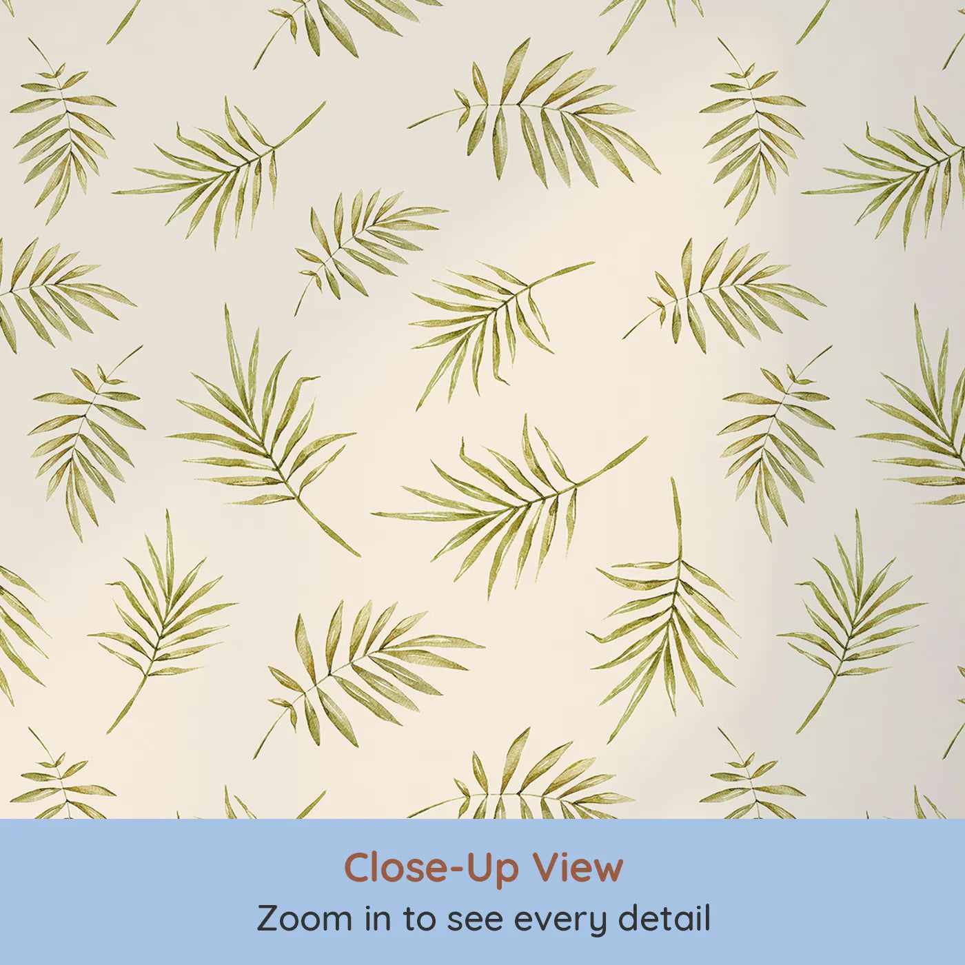 Close-up view of Whimsy Tots' Gentle Palm Scatter Wallpaper in Cream (W3366C).Olive palm fronds flutter across a soft cream background.