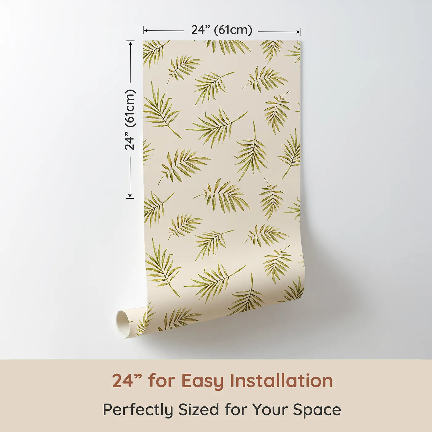 Dimension view of Whimsy Tots Gentle Palm Scatter Wallpaper in Cream (W3366C). Printed in 24-inch-wide panel for easy installation. Olive palm fronds flutter across a soft cream background.
