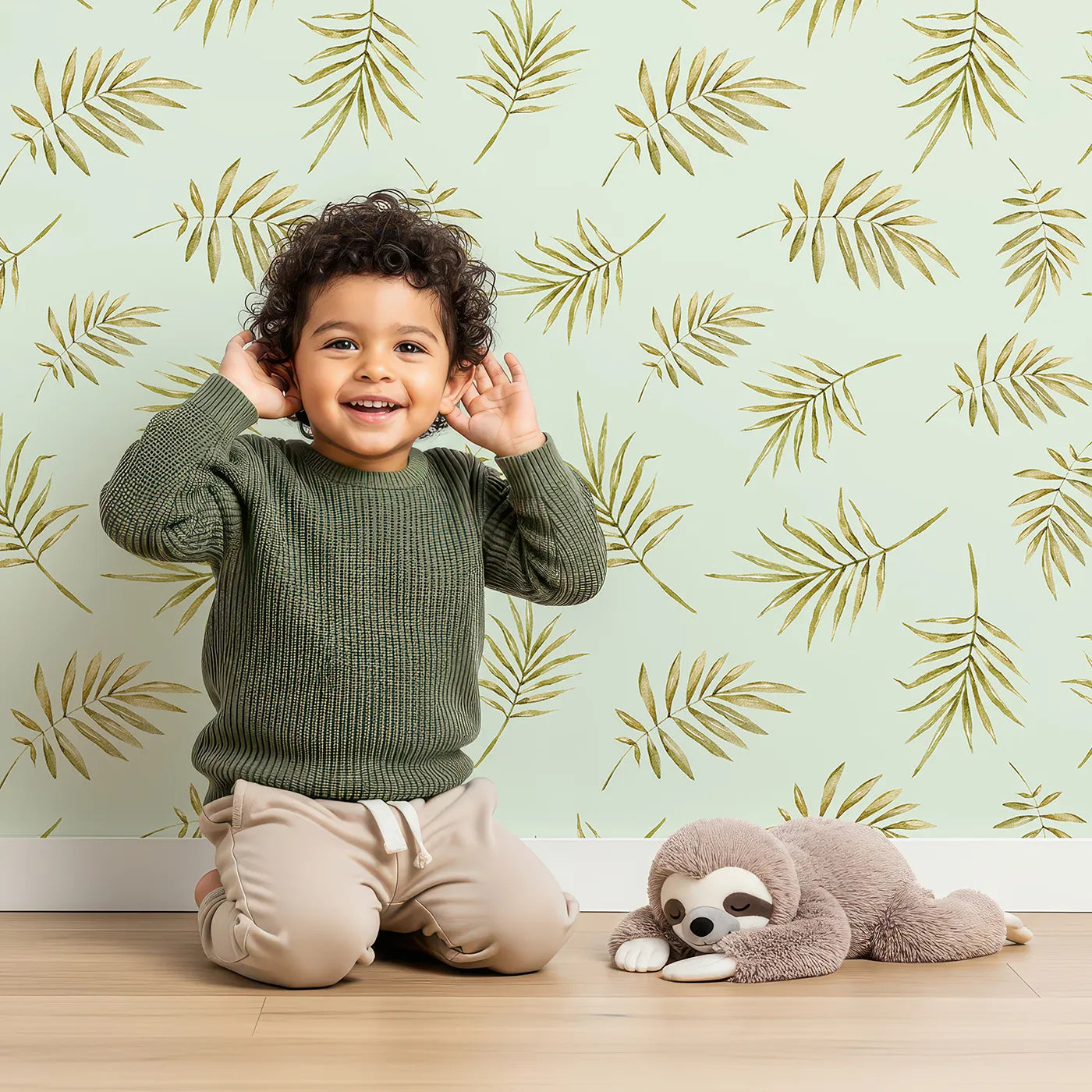 Lovely child standing in front of Whimsy Tots Gentle Palm Scatter Wallpaper in Sage Green with leaf, palm in design.