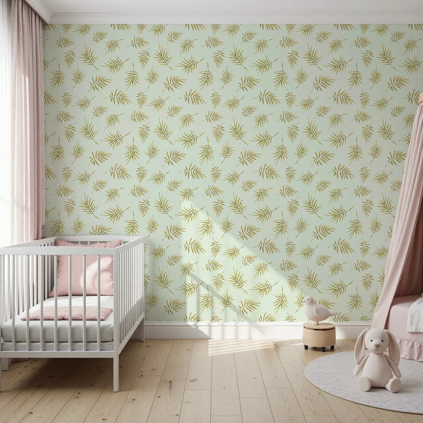 Front view of Whimsy Tots' Gentle Palm Scatter Wallpaper in Sage Green