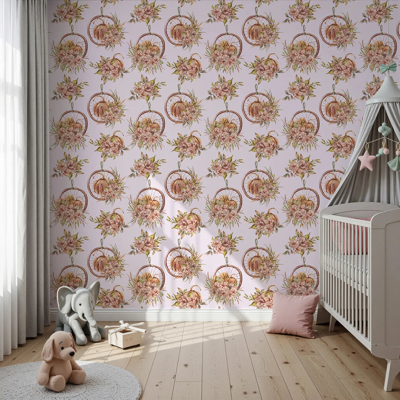 Front view of Whimsy Tots' Harvest Bloom Hoop Wallpaper in Blush Pink