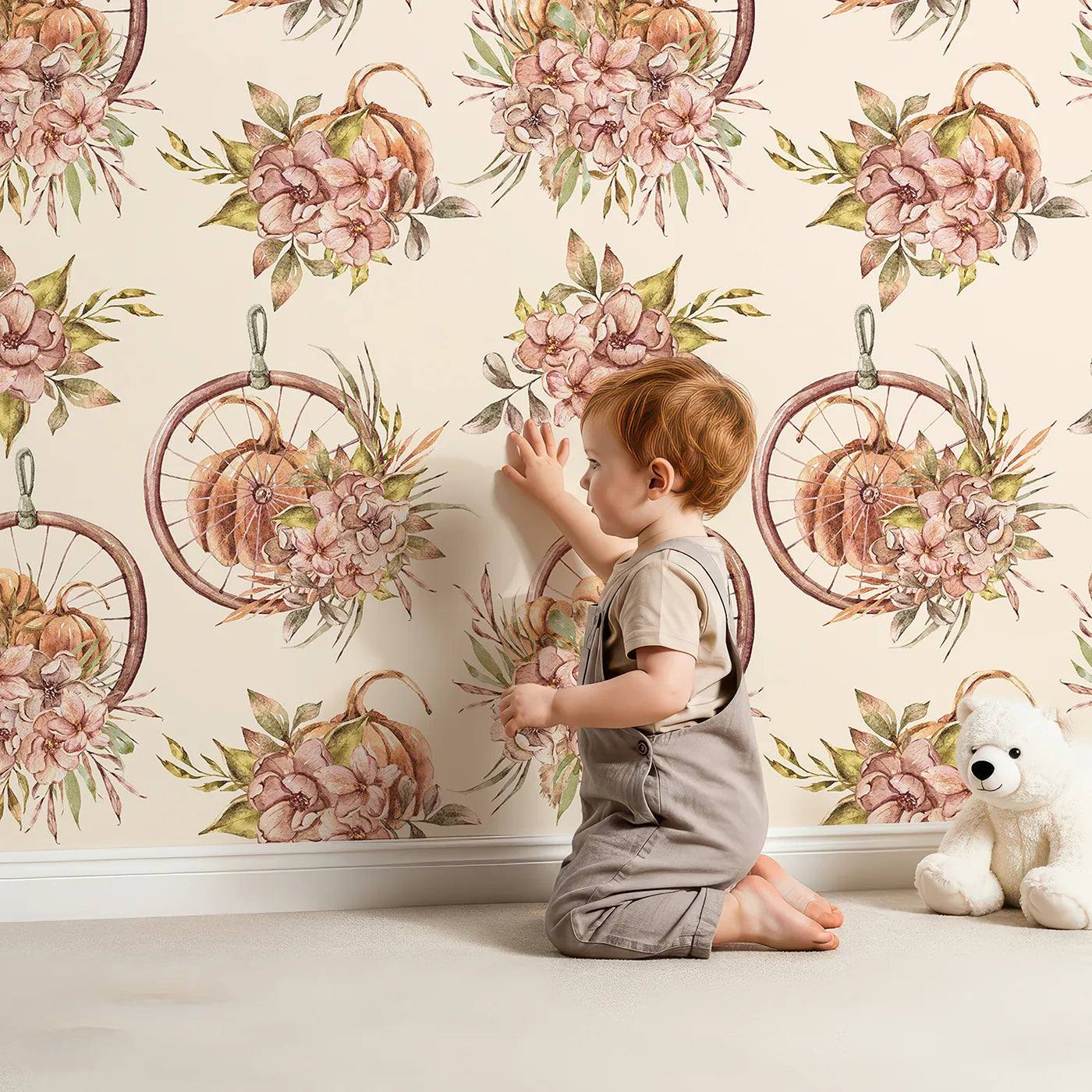 Lovely child standing in front of Whimsy Tots Harvest Bloom Hoop Wallpaper in Cream with flower, pumpkin, hoop, leaf in design.