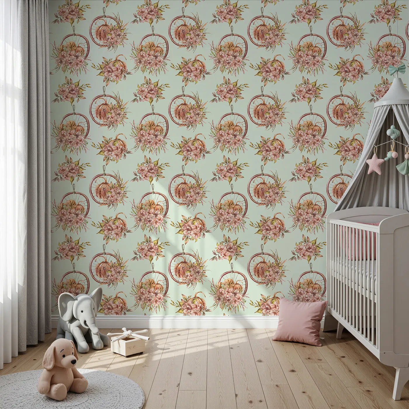 Front view of Whimsy Tots' Harvest Bloom Hoop Wallpaper in Sage Green