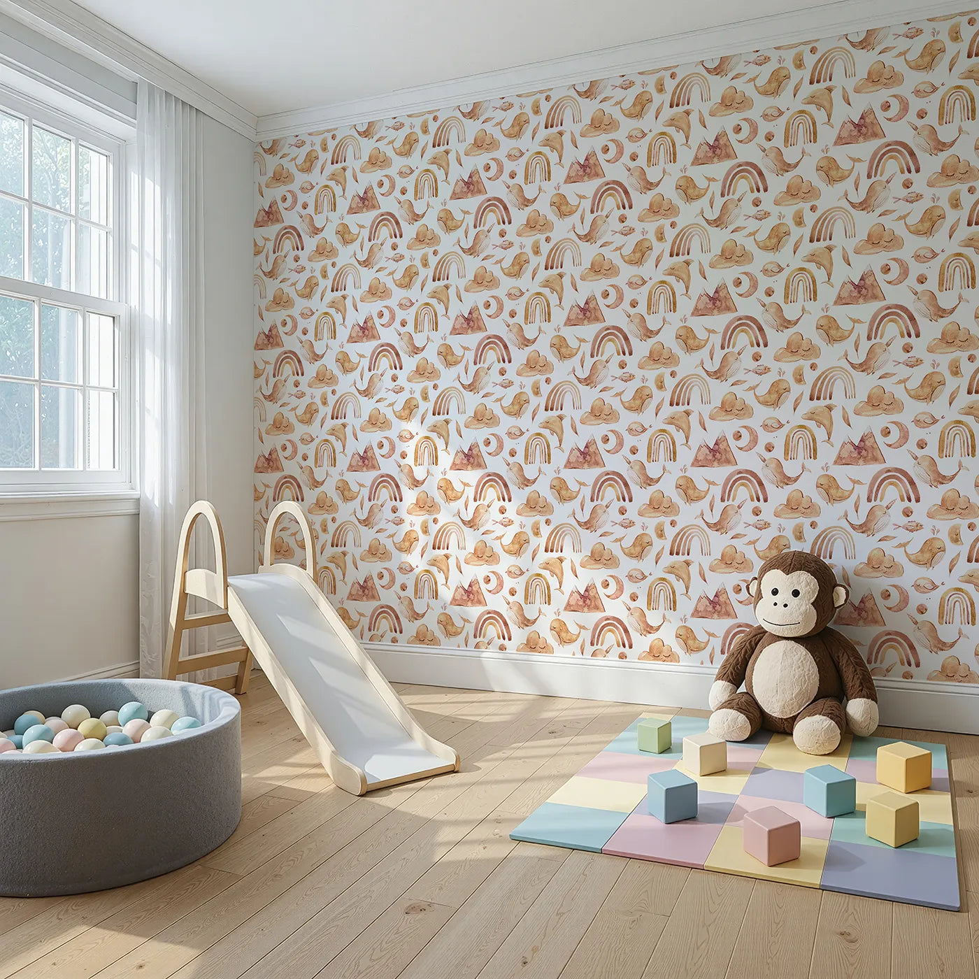 Angled view of Whimsy Tots' Whimsical Earth Friends Wallpaper in White (W3371A).Sweet whales, sleepy clouds, and soft rainbows dance on a crisp white sky.