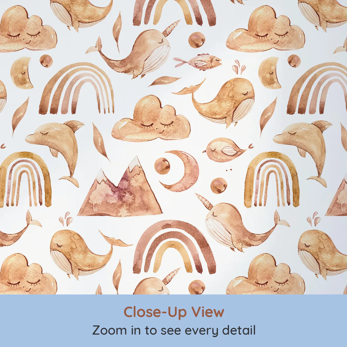 Close-up view of Whimsy Tots' Whimsical Earth Friends Wallpaper in White (W3371A).Sweet whales, sleepy clouds, and soft rainbows dance on a crisp white sky.