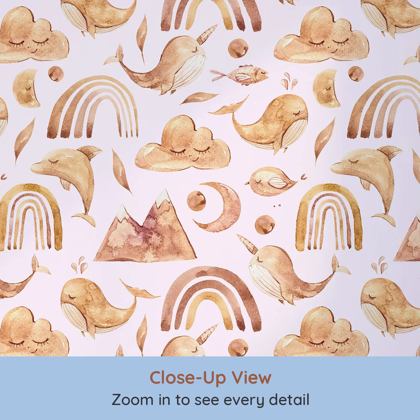 Close-up view of Whimsy Tots' Whimsical Earth Friends Wallpaper in Blush Pink (W3371B).Earthy animals, clouds, and rainbows float gently on a rosy pink sky.