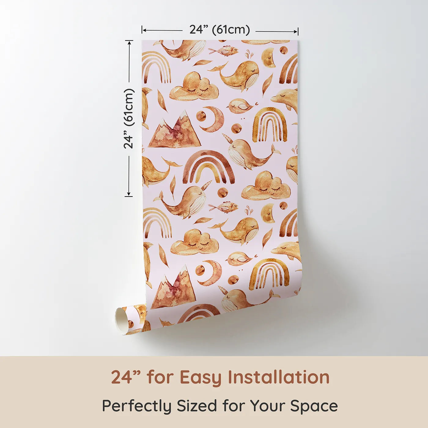 Dimension view of Whimsy Tots Whimsical Earth Friends Wallpaper in Blush Pink (W3371B). Printed in 24-inch-wide panel for easy installation. Earthy animals, clouds, and rainbows float gently on a rosy pink sky.