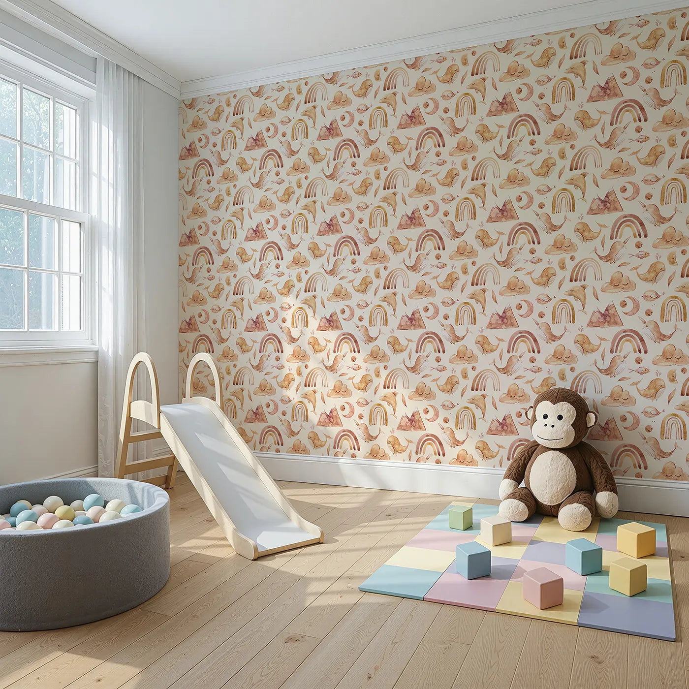 Angled view of Whimsy Tots' Whimsical Earth Friends Wallpaper in Cream (W3371C).Gentle whales, sleepy clouds, and soft rainbows float on a creamy warm sky.
