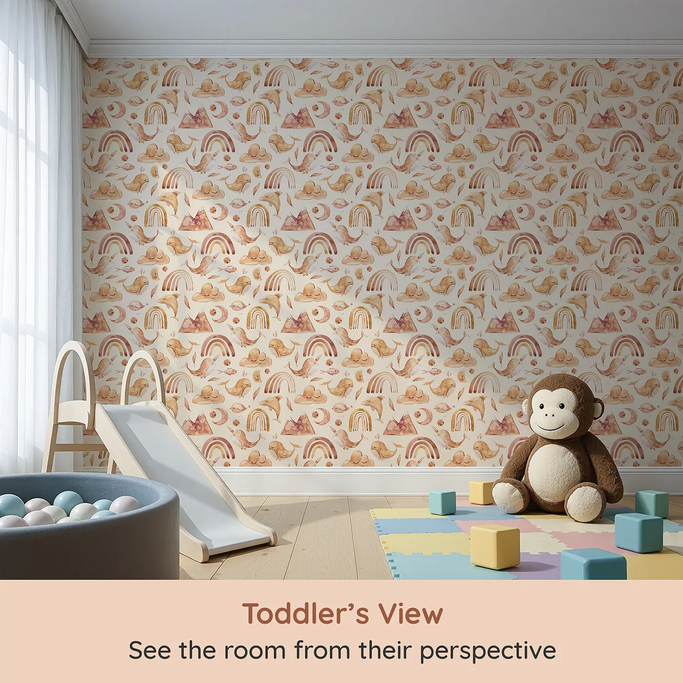 Whimsy Tots Whimsical Earth Friends Wallpaper in Cream (W3371C) from your child's view.Gentle whales, sleepy clouds, and soft rainbows float on a creamy warm sky.