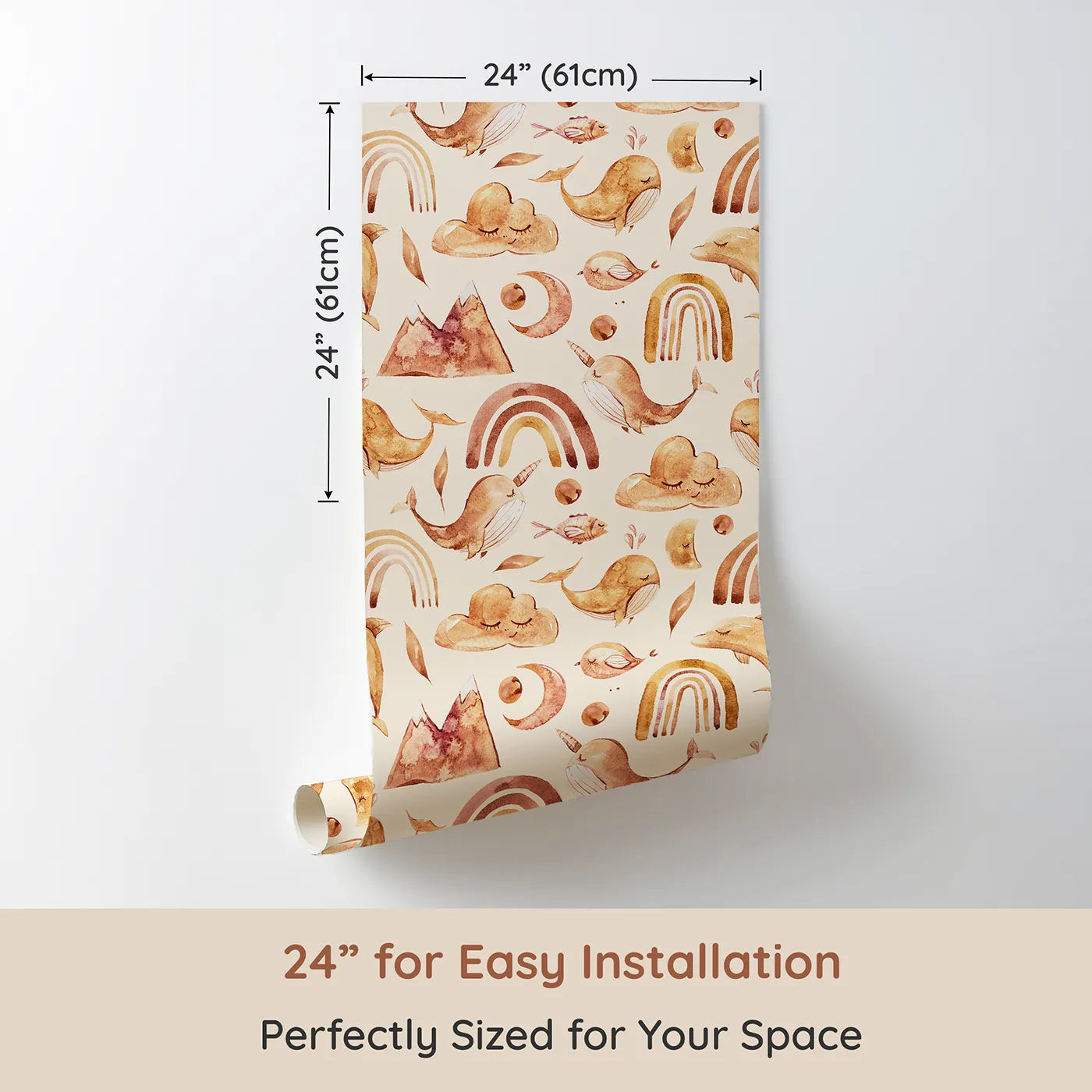 Dimension view of Whimsy Tots Whimsical Earth Friends Wallpaper in Cream (W3371C). Printed in 24-inch-wide panel for easy installation. Gentle whales, sleepy clouds, and soft rainbows float on a creamy warm sky.