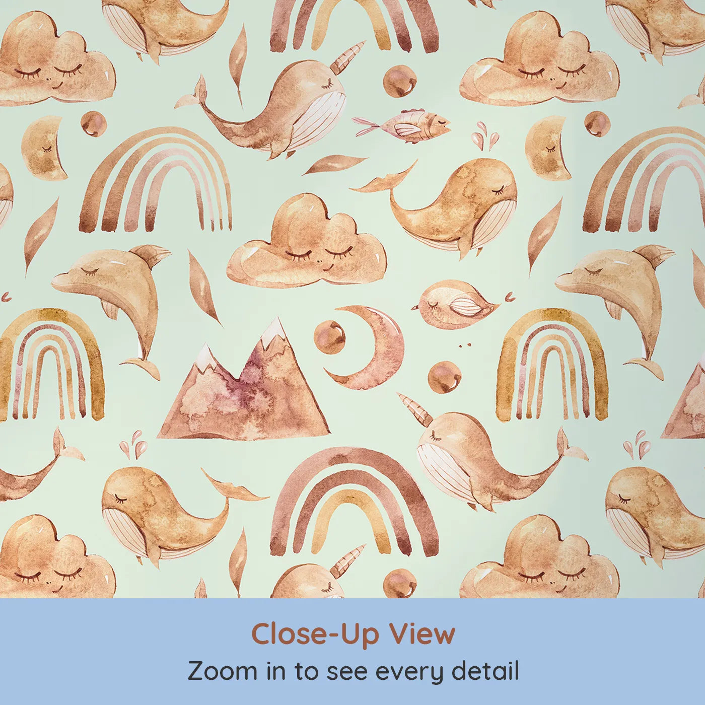Close-up view of Whimsy Tots' Whimsical Earth Friends Wallpaper in Mint Green (W3371D).Watercolor whales and sleepy moons drift across a fresh mint sky.