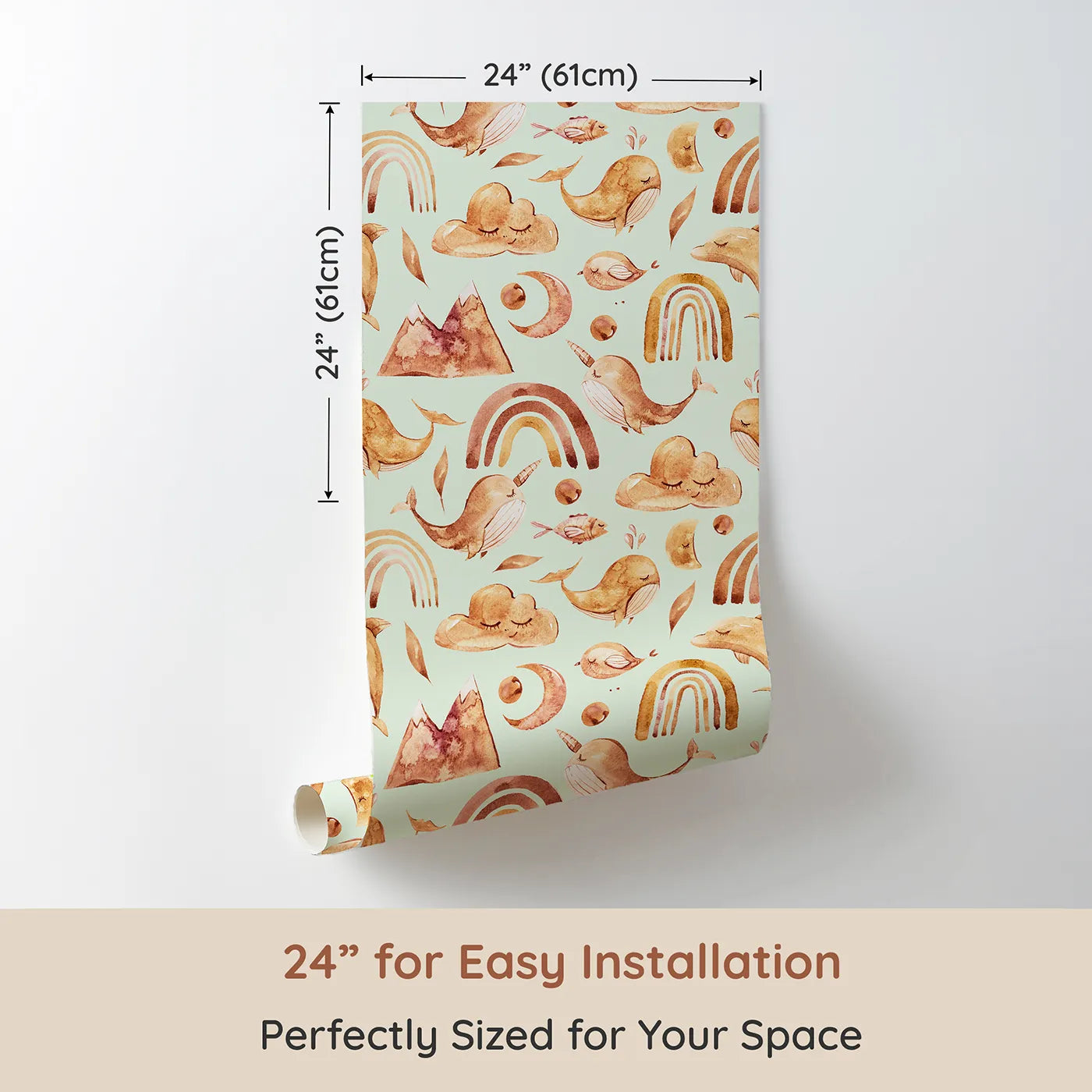 Dimension view of Whimsy Tots Whimsical Earth Friends Wallpaper in Mint Green (W3371D). Printed in 24-inch-wide panel for easy installation. Watercolor whales and sleepy moons drift across a fresh mint sky.