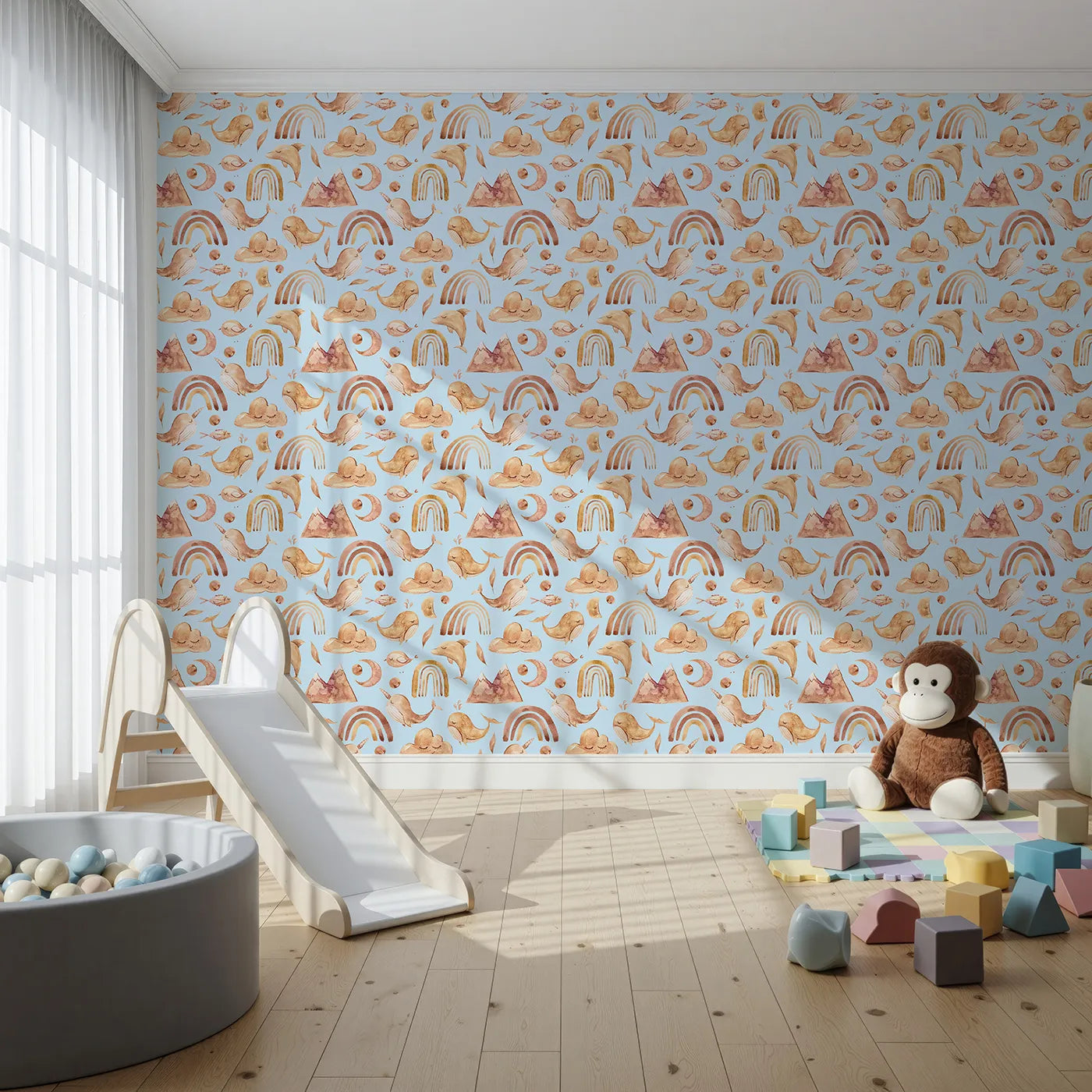 Front view of Whimsy Tots' Whimsical Earth Friends Wallpaper in Sky Blue
