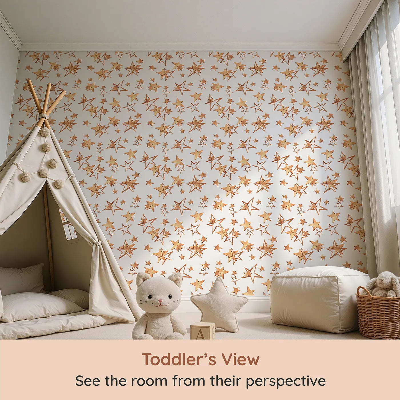Whimsy Tots Golden Star Scatter Wallpaper in White (W3372A) from your child's view.Hand-painted stars dance across a bright white sky in golden watercolor tones.