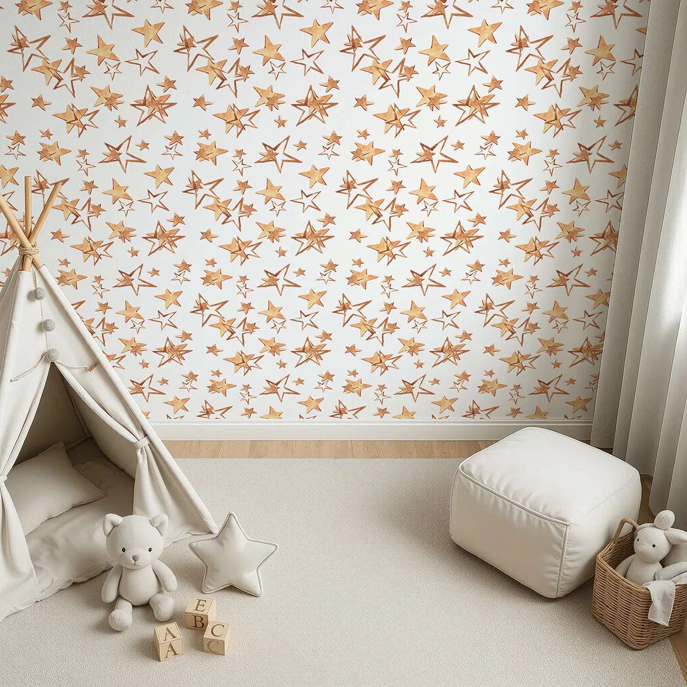 Top-Down view of Whimsy Tots' Golden Star Scatter Wallpaper in White (W3372A).Hand-painted stars dance across a bright white sky in golden watercolor tones.